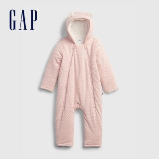 【GAP】嬰兒 仿羊羔絨熊耳連帽包屁衣/連身衣(739944-淡粉色)
