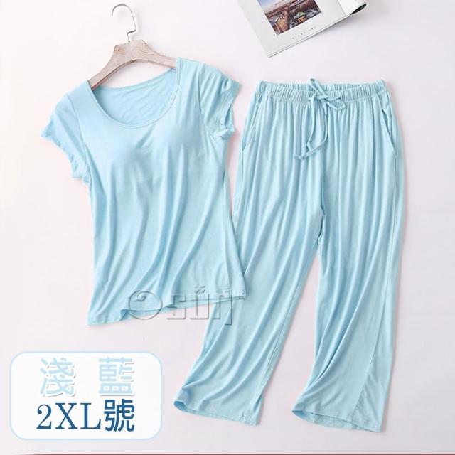【Osun】莫代爾中大尺吋bra-t帶胸墊短袖七分褲睡衣套裝寬鬆居家休閒服(特惠價CE408)