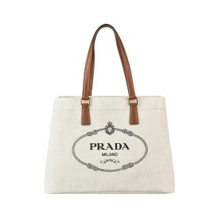 【PRADA 普拉達】PRADA黑字LOGO亞麻混紡帆布手提肩背包(米白x駝)