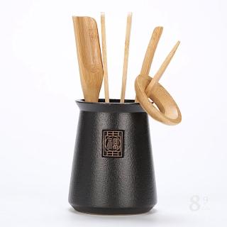 【89 zone】日系古典實木竹茶匙陶製花瓶六君子茶道組/配件(款式一 不挑款/混色隨機出貨)