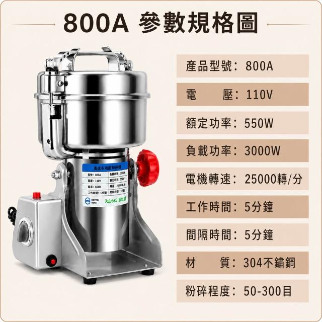 【Felsted 菲仕德】不鏽鋼大容量磨粉機800克(搖擺式超細中藥打粉機 五谷雜糧粉碎機 磨粉機)