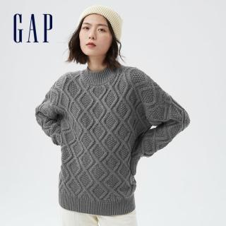 【GAP】女裝 羊毛混紡菱格紋半高領毛衣(703919-灰色)