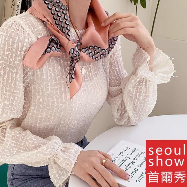 【Seoul Show 首爾秀】珍珠項鏈印花方領巾仿真蠶絲緞面頭巾雪紡絲巾(防寒保暖)