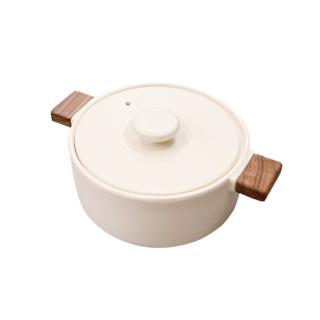 【4TH MARKET】日本製木柄把手土鍋-白1600ML(日本製 陶鍋 土鍋)