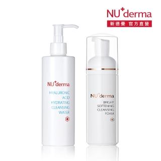 【NU+derma 新德曼】玻尿酸保濕淨膚水300mL＋晨光淨透潔顏慕斯180mL(保濕卸妝清潔組)