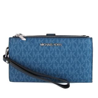 【Michael Kors】銀字滿版LOGO防刮皮革雙層手拿提掛長夾 手機包(單寧藍色)