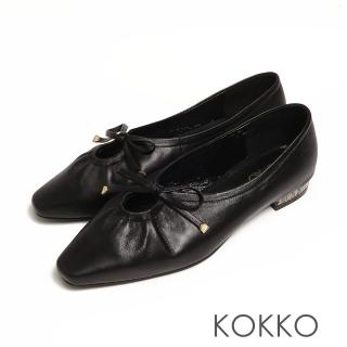 【KOKKO 集團】方頭蝴蝶結超柔軟綿羊皮平底鞋(黑色)