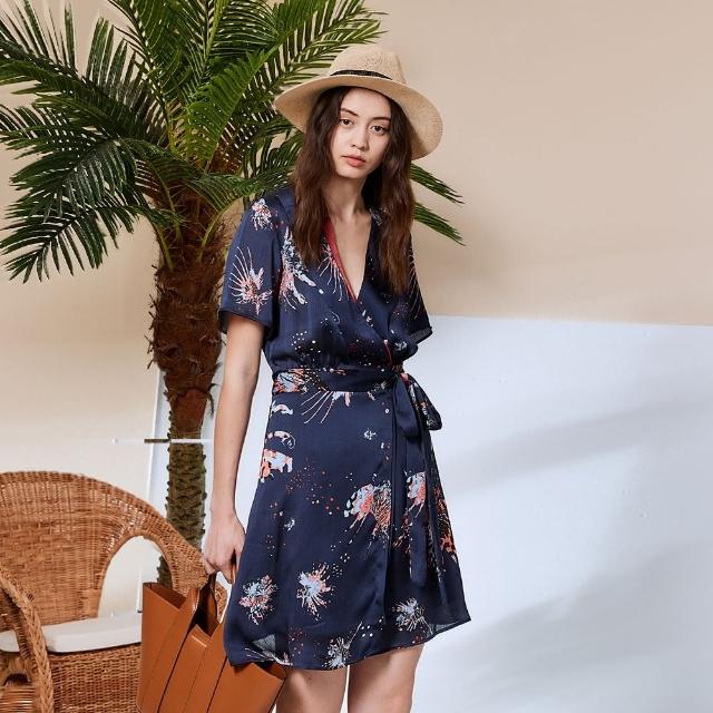 【ICHE 衣哲】Cop.Copine 法國原裝進口V領印花圍裹式造型洋裝