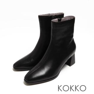 【KOKKO 集團】正韓率性顯瘦方頭真皮拉鍊粗跟短靴(黑色)