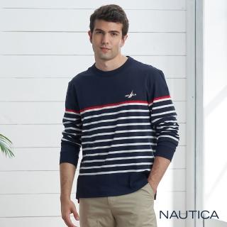 【NAUTICA】男裝純棉細條紋長袖T恤(深藍)
