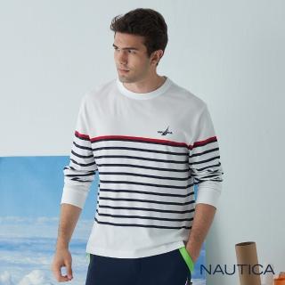 【NAUTICA】男裝純棉細條紋長袖T恤(白)