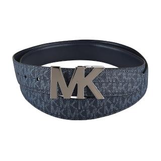 【Michael Kors】MK MICHAEL KORS經典LOGO雙釦頭PVC拼接牛皮男仕皮帶禮盒組(海軍藍)
