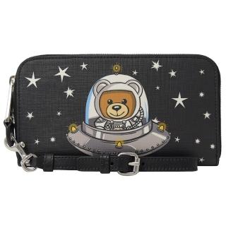 【MOSCHINO】太空系列星星泰迪熊手提式拉鍊發財長夾(黑)
