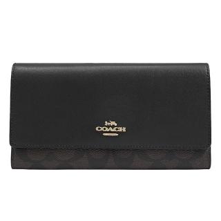 【COACH】滿版LOGO皮革拼接三折扣式零錢長夾(深咖/黑)