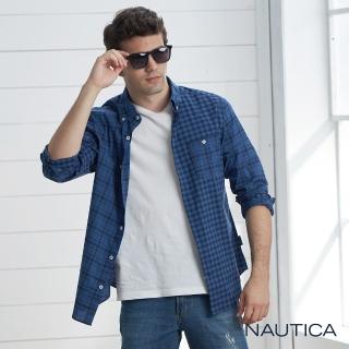 【NAUTICA】男裝舒適休閒格紋長袖襯衫(藍)