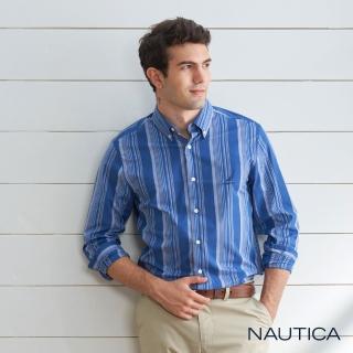 【NAUTICA】男裝海洋風舒適條紋長袖襯衫(藍)