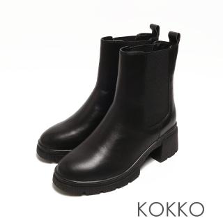 【KOKKO 集團】歐美率性真皮切爾西厚底短靴(黑色)