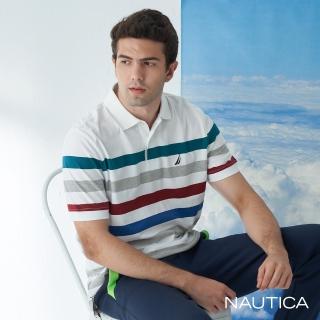 【NAUTICA】男裝純棉撞色條紋短袖POLO衫(白)