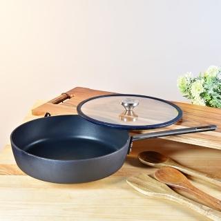 【YU Living 信歐傢居】廚房家用鋁合金不沾深平底鍋(28CM/附鍋蓋/黑色)
