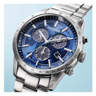 【CITIZEN 星辰】日本藍限定款 光動能萬年曆碼表計時腕錶(BL5590-55L 不鏽鋼帶 三眼)