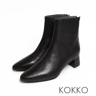 【KOKKO 集團】百搭高級素面全真皮拉鍊粗跟短靴(實穿黑)