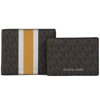 【Michael Kors】滿版MK LOGO條紋拼接附證件活動夾短夾(深咖)