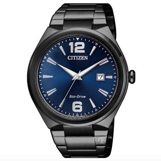 【CITIZEN 星辰】Eco-Drive光動能都會簡約男錶41mm-全黑藍面(AW1375-58L 日期顯示 鋼帶)