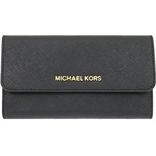 【Michael Kors】JET SET TRAVEL黑色防刮皮革釦式後拉鍊三折中長夾