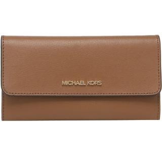 【Michael Kors】JET SET TRAVEL焦糖咖啡皮革釦式後拉鍊三折中長夾