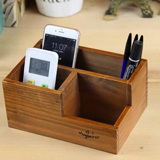 【桃花源創意工坊】復古木質桌面遙控器收納盒 多功能懷舊收納木盒(家具)
