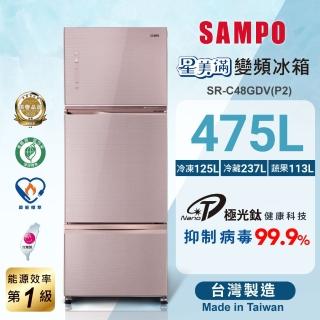 【SAMPO 聲寶】475公升一級能效極光鈦旗艦玻璃系列變頻右開三門冰箱(SR-C48GDV-P2)