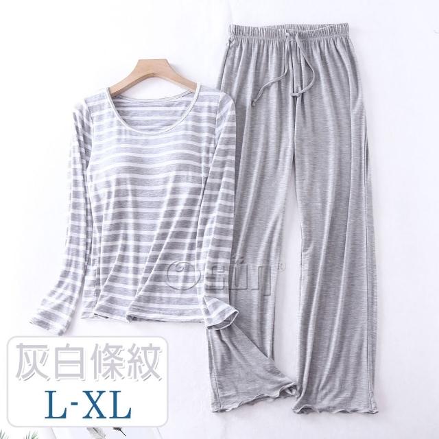 【Osun】2入組-Bra-T莫代爾帶胸墊條紋寬鬆長袖荷葉邊長褲套裝睡衣保暖居家服(顏色任選/CE431)