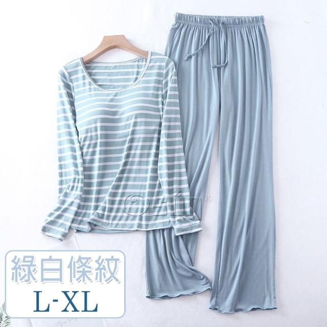 【Osun】2入組-Bra-T莫代爾帶胸墊條紋寬鬆長袖荷葉邊長褲套裝睡衣保暖居家服(顏色任選/CE431)