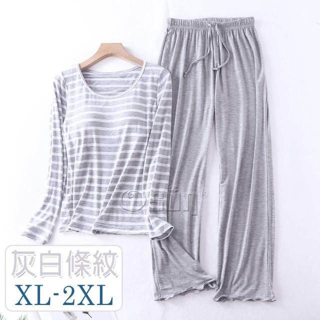 【Osun】2入組-Bra-T莫代爾帶胸墊條紋寬鬆長袖荷葉邊長褲套裝睡衣保暖居家服(顏色任選/CE431)