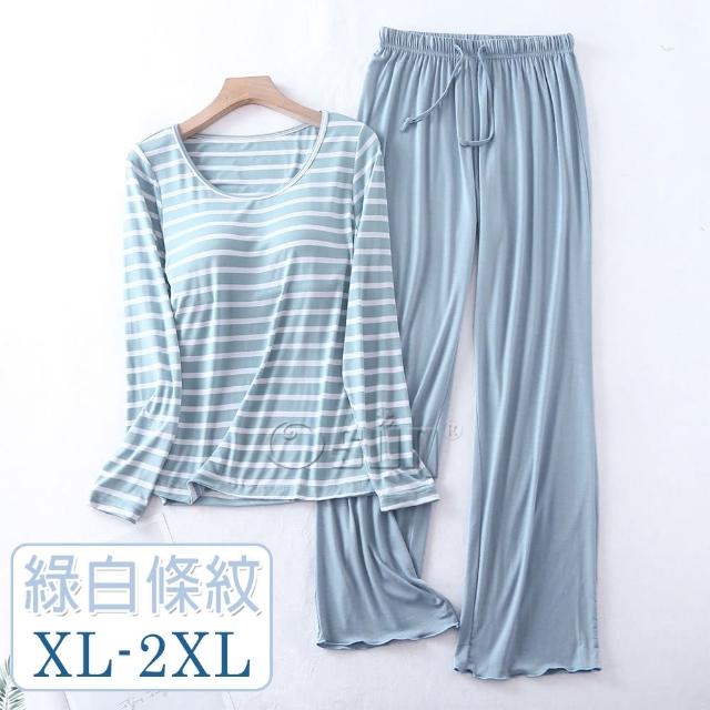 【Osun】2入組-Bra-T莫代爾帶胸墊條紋寬鬆長袖荷葉邊長褲套裝睡衣保暖居家服(顏色任選/CE431)