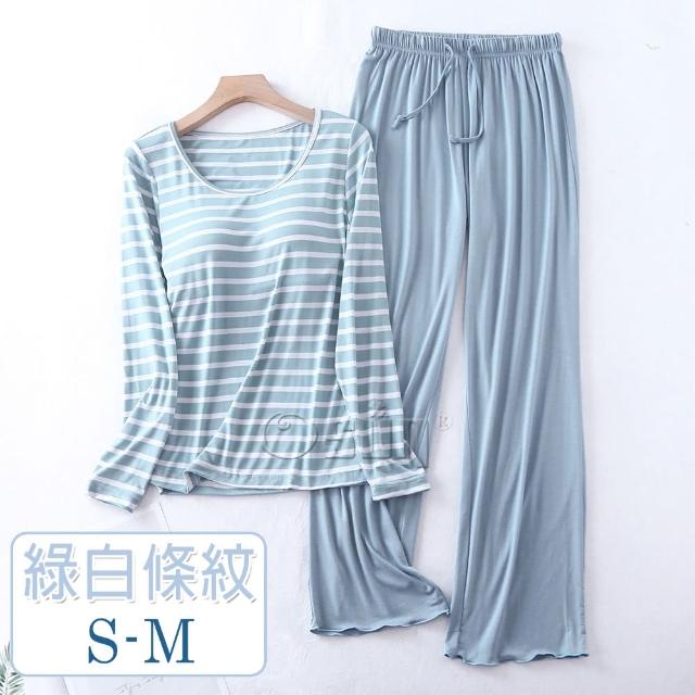 【Osun】2入組-Bra-T莫代爾帶胸墊條紋寬鬆長袖荷葉邊長褲套裝睡衣保暖居家服(顏色任選/CE431)