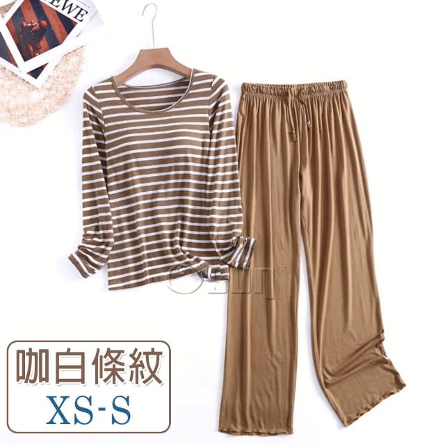 【Osun】2入組-Bra-T莫代爾帶胸墊條紋寬鬆長袖荷葉邊長褲套裝睡衣保暖居家服(顏色任選/CE431)
