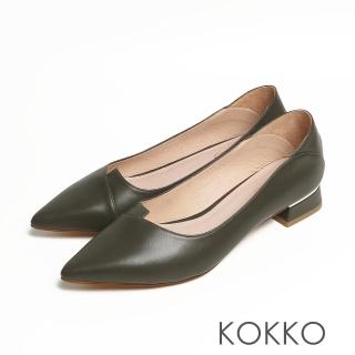【KOKKO 集團】經典尖頭素面剪裁羊皮方粗跟鞋(墨綠色)