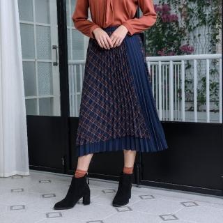 【KiKi】不對稱格紋百褶-女長裙 百褶 藍(藍色/版型適中)