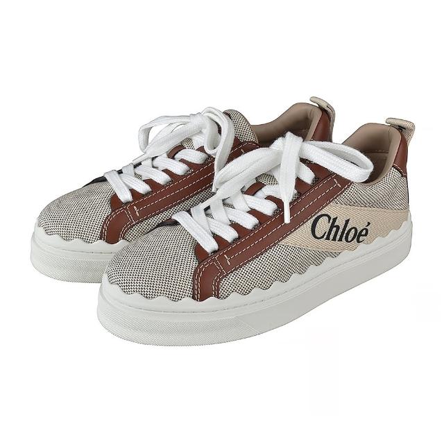 【Chloe’ 蔻依】CHLOE LAUREN黑字標誌LOGO設計牛皮搭配帆布運動鞋(白x棕)