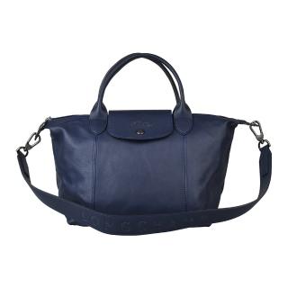 【LONGCHAMP】LONGCHAMP LE PLAIGE壓印LOGO羊皮短提把拉鍊手提肩背包(海軍藍)