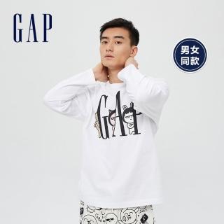 【GAP】男女同款 Gap x HOZO聯名系列Logo純棉長袖T恤(798291-白色)
