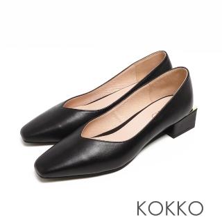 【KOKKO 集團】經典手工簡約方頭柔軟綿羊皮金屬粗跟鞋(黑色)