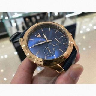 【MASERATI 瑪莎拉蒂】瑪莎拉蒂男女通用錶型號R8871612015(寶藍色錶面玫瑰金錶殼寶藍真皮皮革錶帶款)