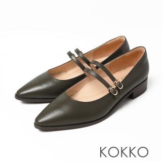 【KOKKO 集團】優雅赫本方頭真皮瑪莉珍舒壓粗跟鞋(墨綠色)