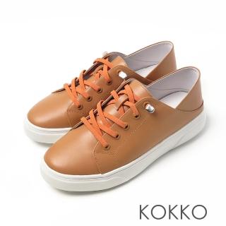 【KOKKO 集團】超舒適全真皮免綁帶厚底微軟後踩休閒鞋(霧橘色)