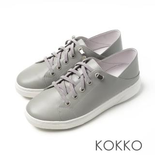 【KOKKO 集團】超舒適全真皮免綁帶厚底微軟後踩休閒鞋(霧藍色)
