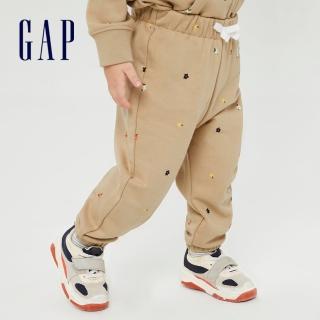 【GAP】女幼童 碳素軟磨 法式圈織系列 Logo甜美印花束口休閒褲(819770-卡其色)