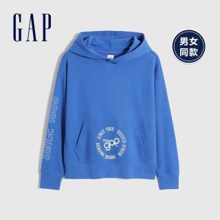 【GAP】童裝 碳素軟磨 法式圈織系列 Logo印花連帽休閒上衣 男女同款(850550-鈷藍色)