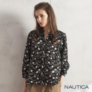 【NAUTICA】女裝圓領開襟碎花圖騰七分袖襯衫(黑色)